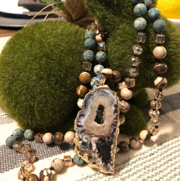 Beaded Raw Solar Quartz Crystal Pendant Necklace - Picture 9 of 12